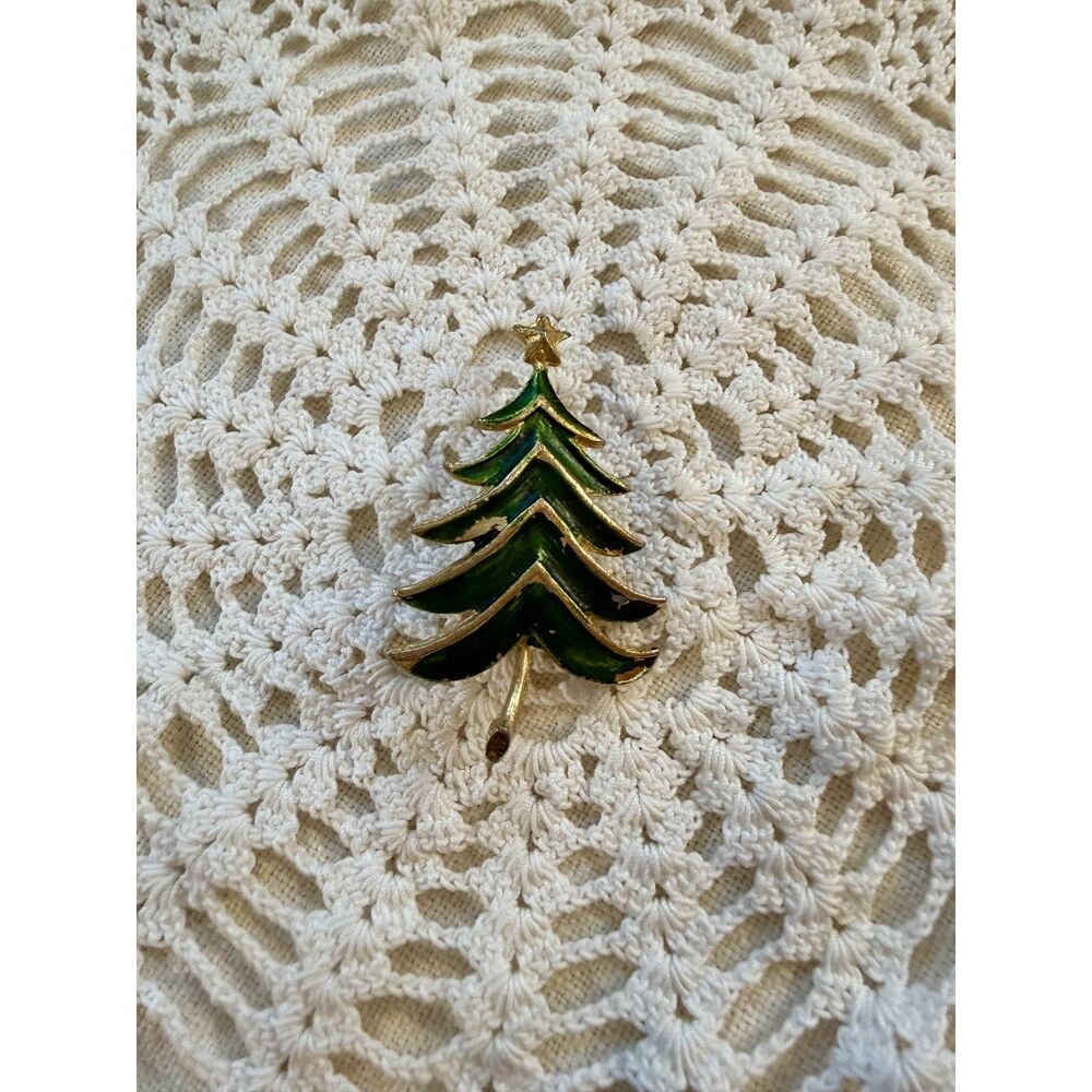 Vintage Green Enamel Christmas Tree Brooch Pin, Mid-Century Gold Tone